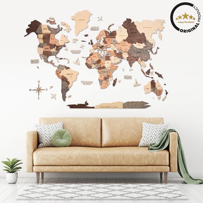 2D Wooden World Map Midnight