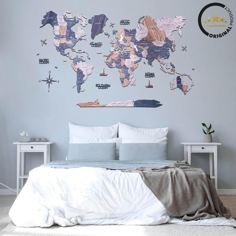 2D Wooden World Map Midnight