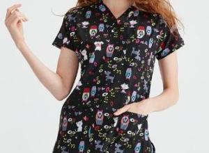 Elastane Medical Blouse, Black with Print, Women - Kitten Model