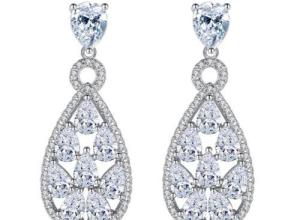 Earrings, cubic zirconia, white gold plating